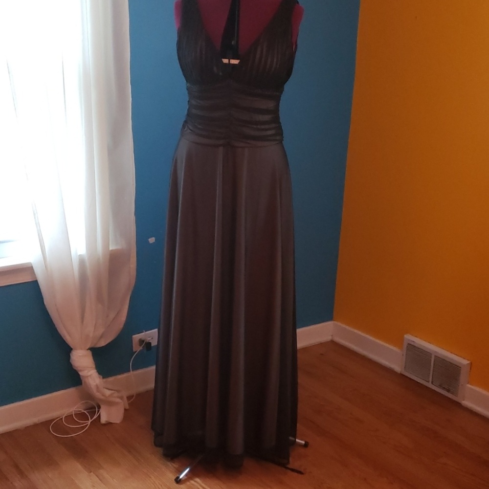 Long Deep V Dress Black Pleated Rouched Overlay